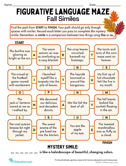 Figurative Language Maze: Fall Similes - A printable worksheet for reading & descriptive writing