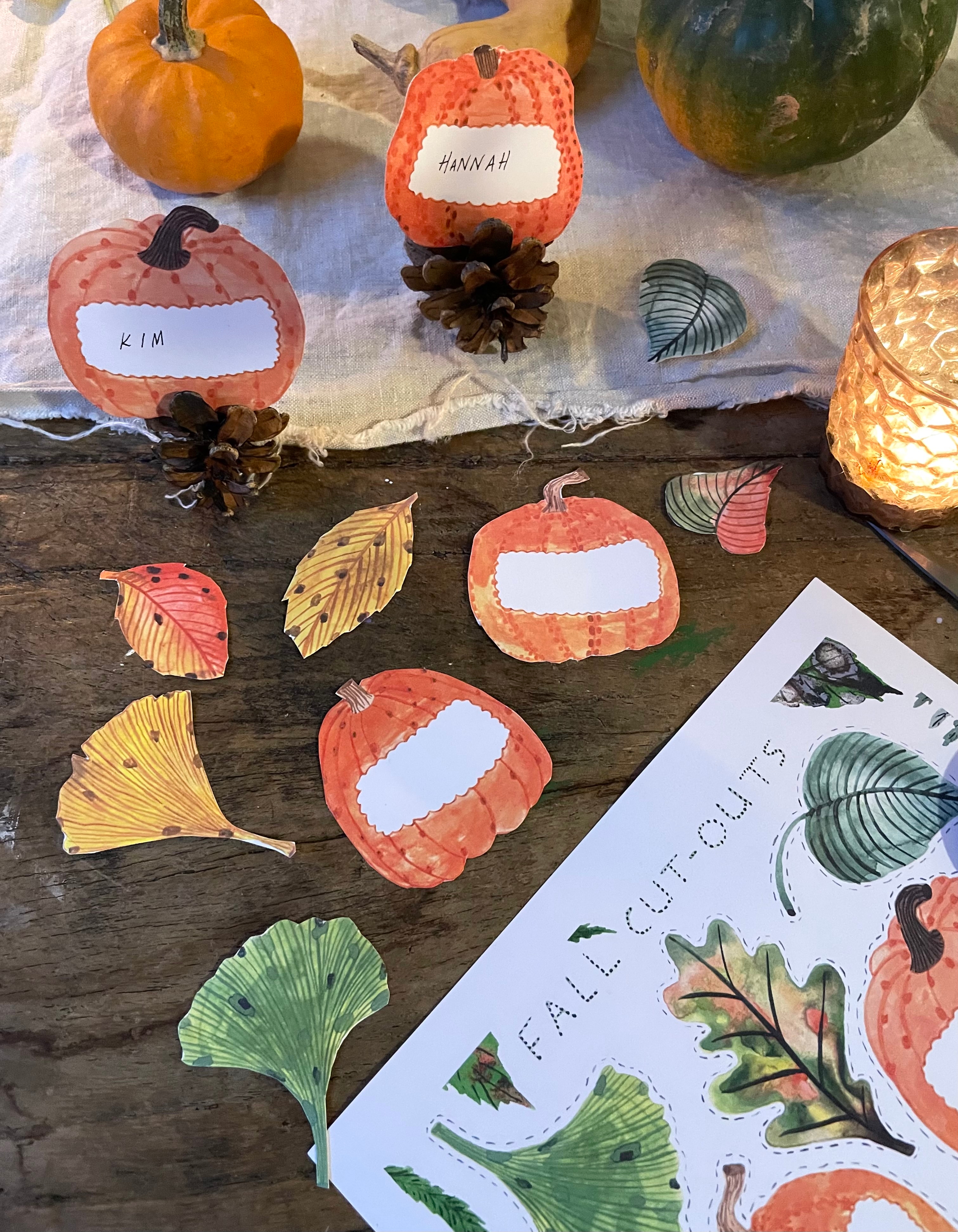 Fall Cut Out Decorations - Printable card shows pumpkins and fall leaves 