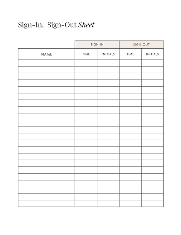 Sign Out Sheet Printable - Sign In Sign Out Sheet English Prev 