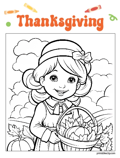 Thanksgiving Coloring 02 - Printable coloring page image shows a girl with pumpkin