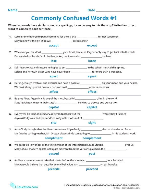 Commonly Confused Words Worksheet With Answers