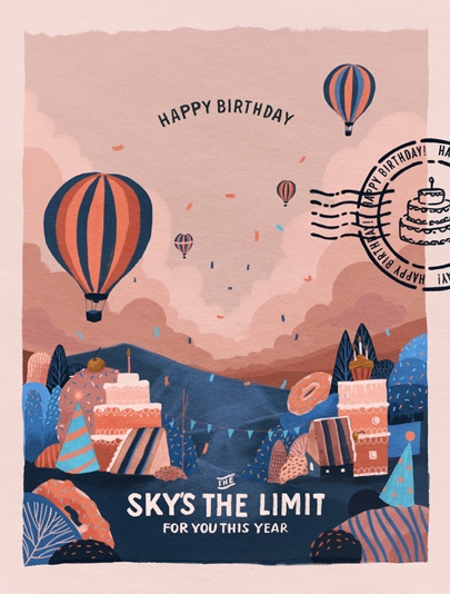 Sky's the Limit Birthday Card - This card has aerostatic balloons on a field of cakes