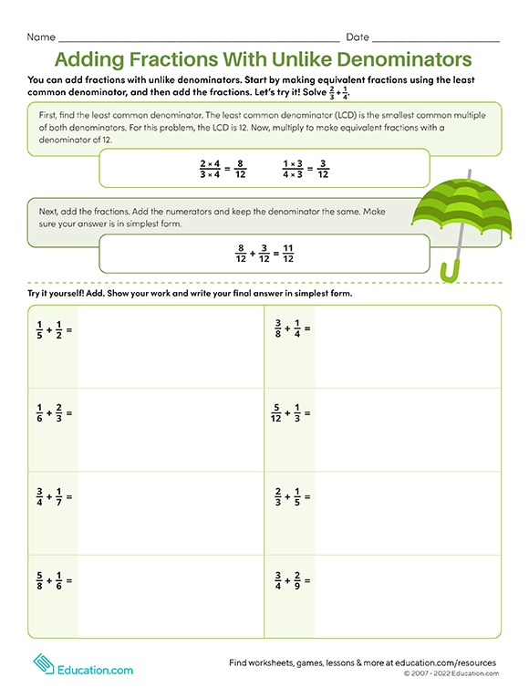 printables adding fractions with unlike denominators hp official site