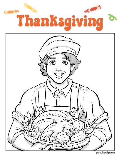 Thanksgiving Coloring 04 - Printable coloring page image shows a line drawing of a boy with a turkey