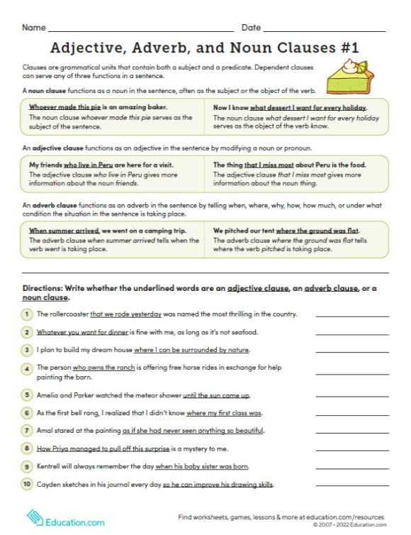 Adjective And Adverb Clauses Printable Worksheets