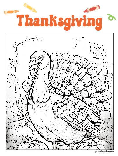 Thanksgiving Coloring 03 - Printable coloring page image shows a line drawing of a turkey smiling