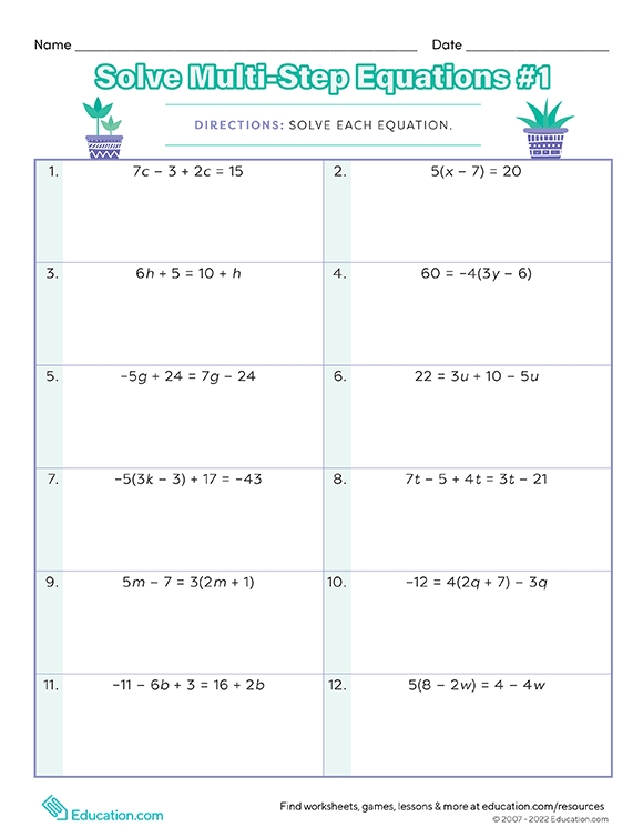 Plants math worksheets one step equations