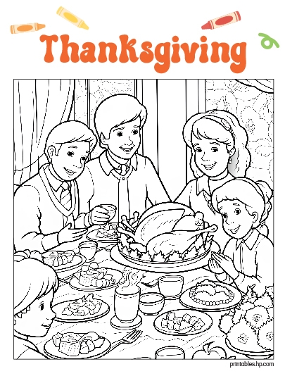 Thanksgiving Coloring 05 - Printable coloring page image shows a line drawing of a family dining with turkey on plate
