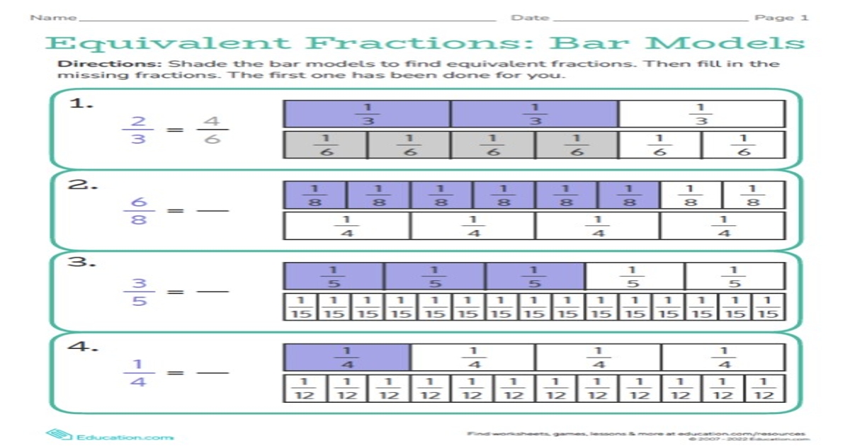 Printables Equivalent Fractions Bar Models Hp® Official Site