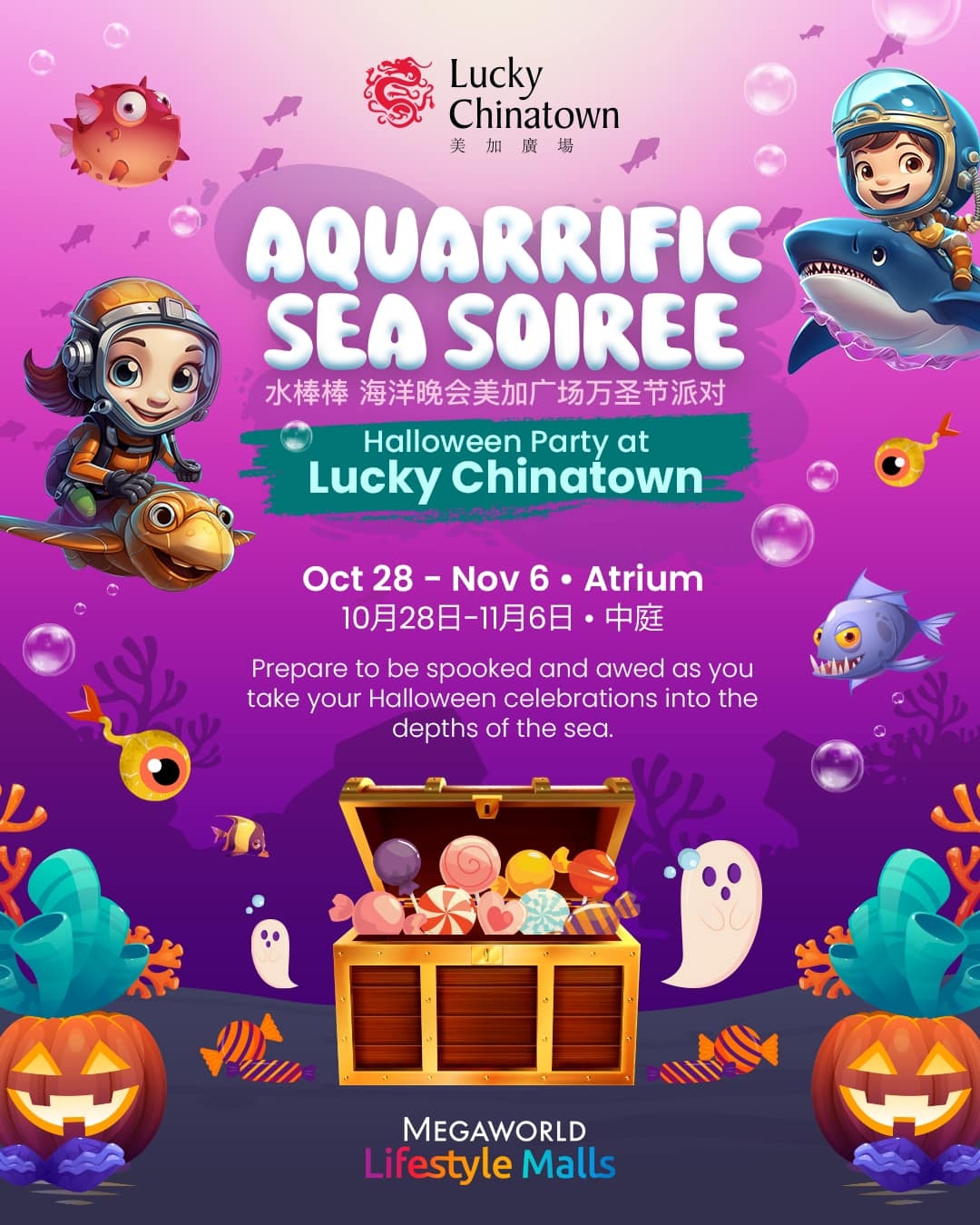The most-awaited under the sea Halloween celebration will happen at  #LuckyChinatown! Bewitched by the Sea Costume Contest🎃👻 Splurge…