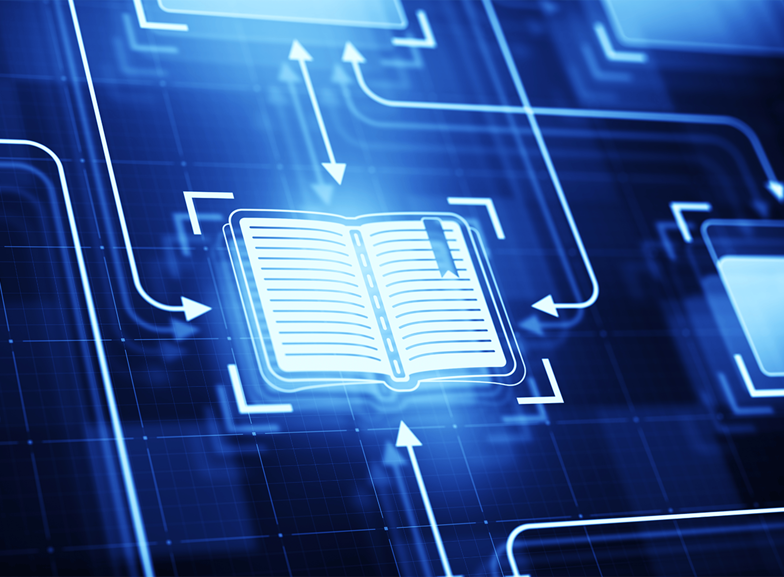 Blue Icon of a Book Surrounded By Arrows