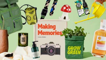 selection of father's day products including a yellow watering can, a green bag and camera print.