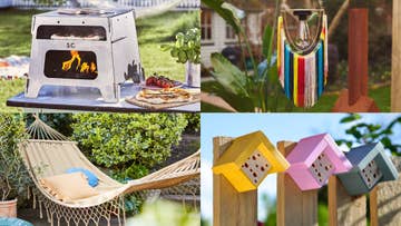Picture grid of a BBQ, Bird house and Hammock