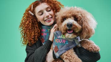 woman and dog wearing matching neckerchiefs