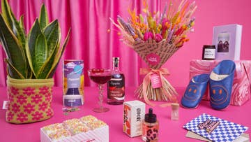 pink table with selection of gifts