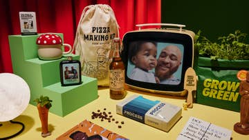 selection of father's day gifts including a pizza making kit and grow green bag and 