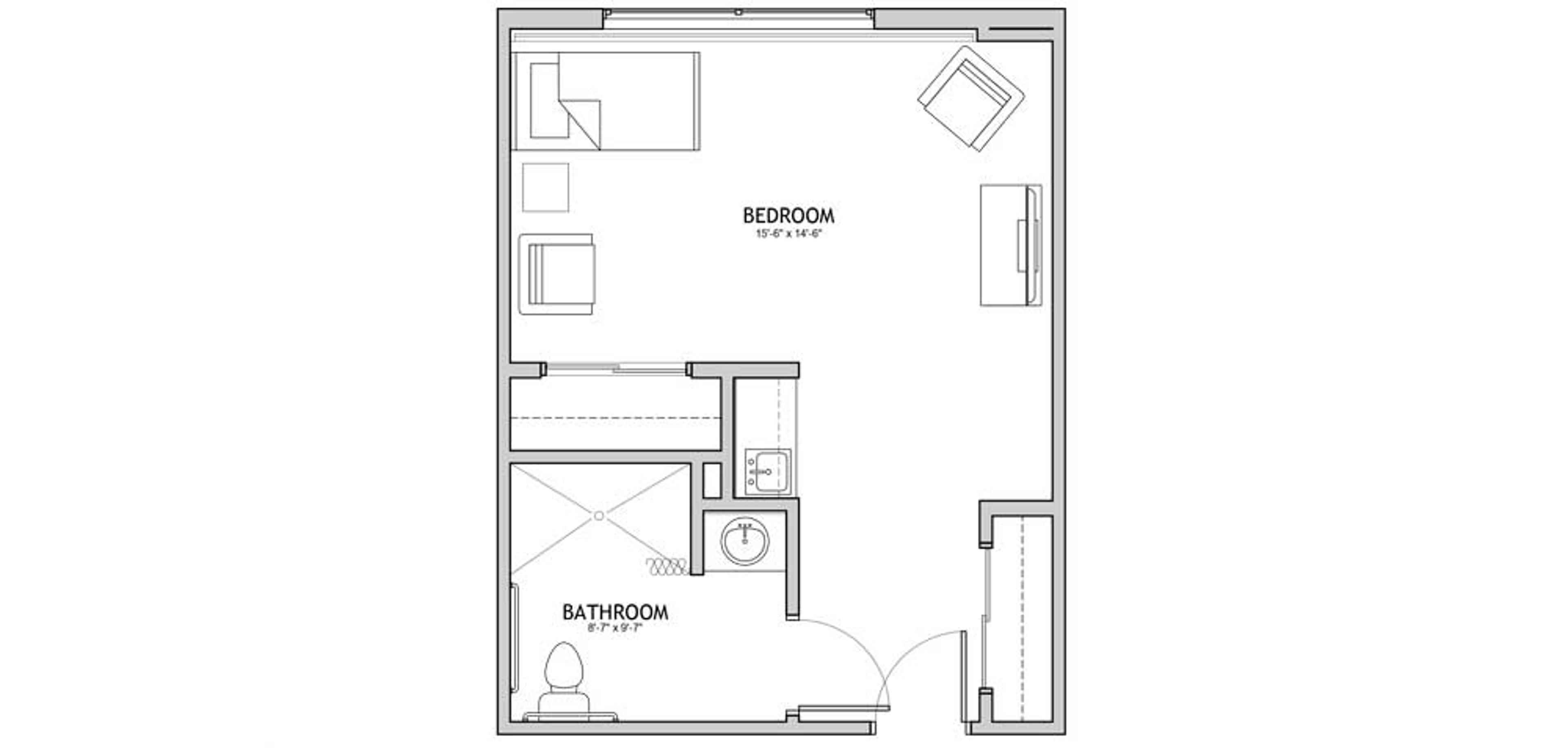 Floorplan - The Auberge at Oak Village - 1 bed, 1 bath, 443 sq. ft. Memory Care