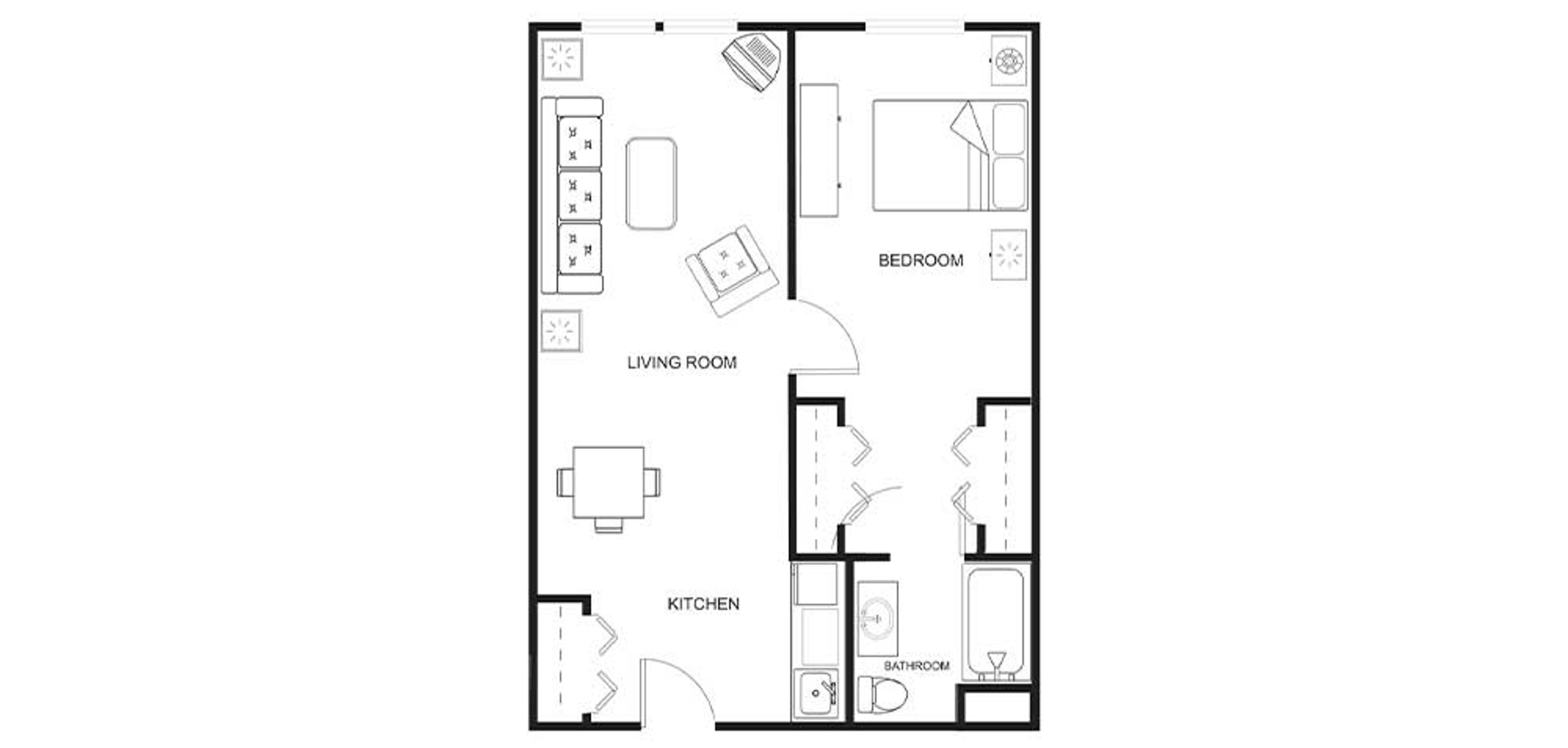 Floorplan - Pheasant Pointe - 1 bed, 1 bath, 575 - 600 sq. ft. Assisted Living