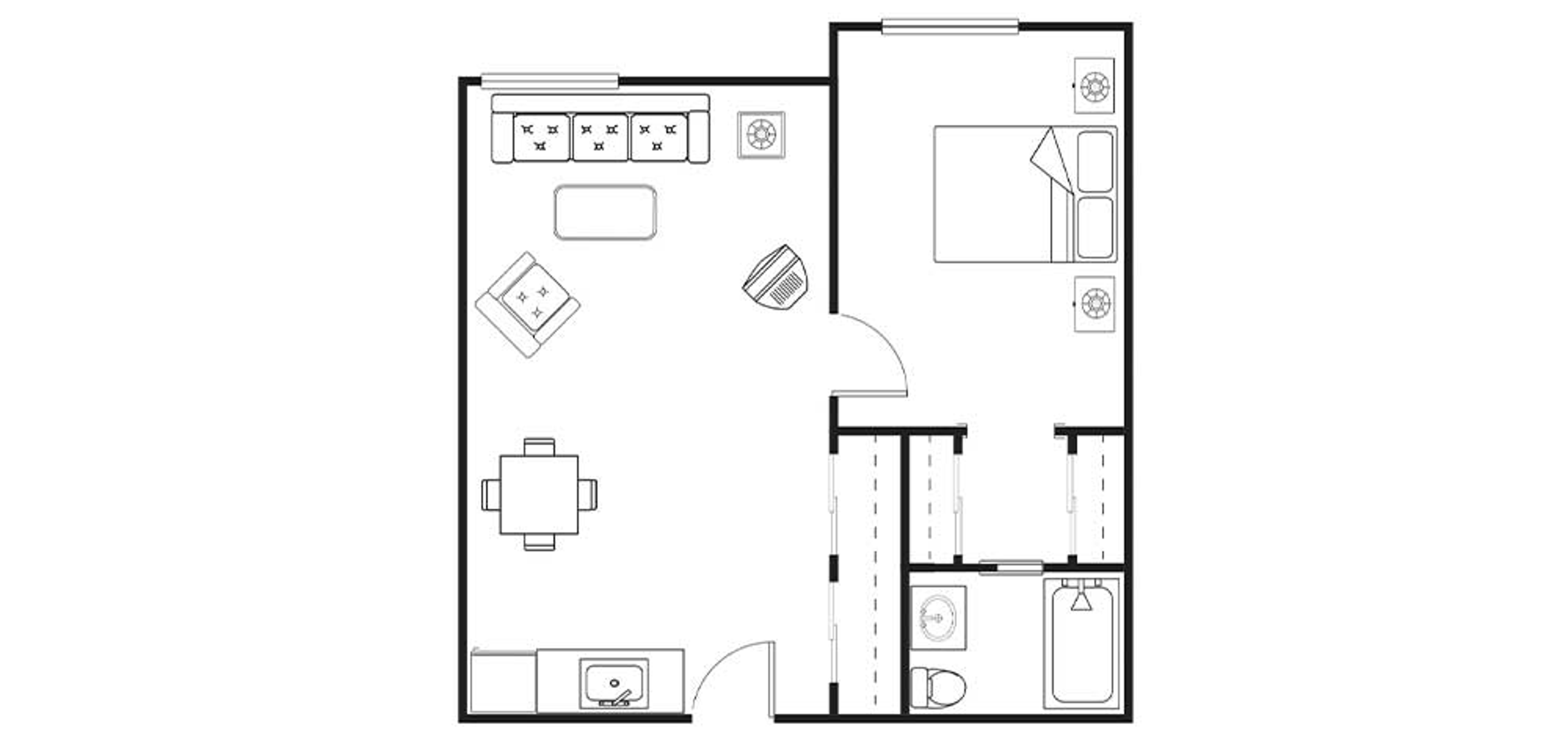 Floorplan - Redwood Heights - B4 One Bedroom 572 sq. ft. Assisted Living