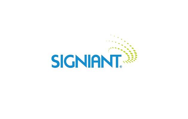 signiant logo with blue lettering followed by yellow three-pronged swoosh comprised of dots