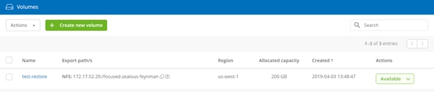The volume is created and listed in the Cloud Orchestrator interface.