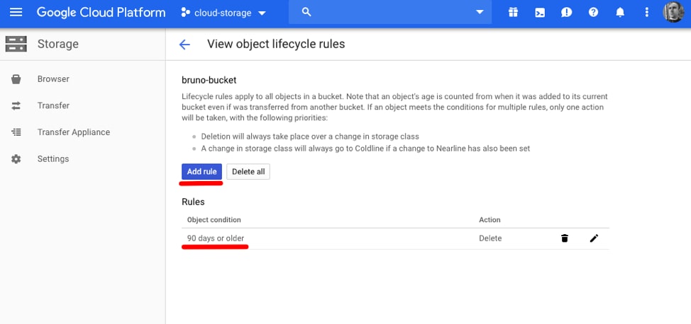 Viewing the object lifecycle rules for the bucket.