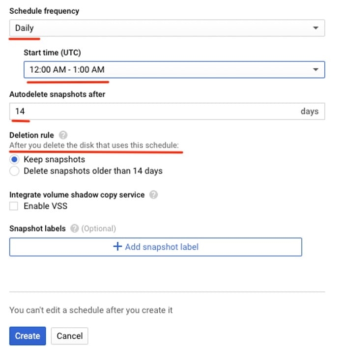 Snapshot schedule creation panel (frequency and retention)
