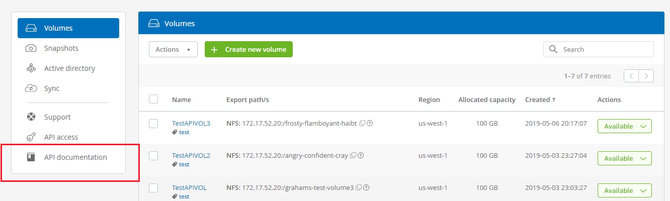 • You can access the Cloud Volumes as a Service API webpage, which is also accessible from your main Cloud Orchestrator UI.