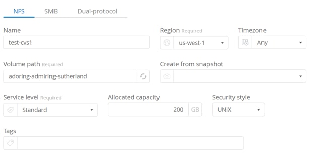 Provide details for the volume such as the volume name, service level, allocated capacity, and security style. For the sake of this example, we’ll create an NFS volume.