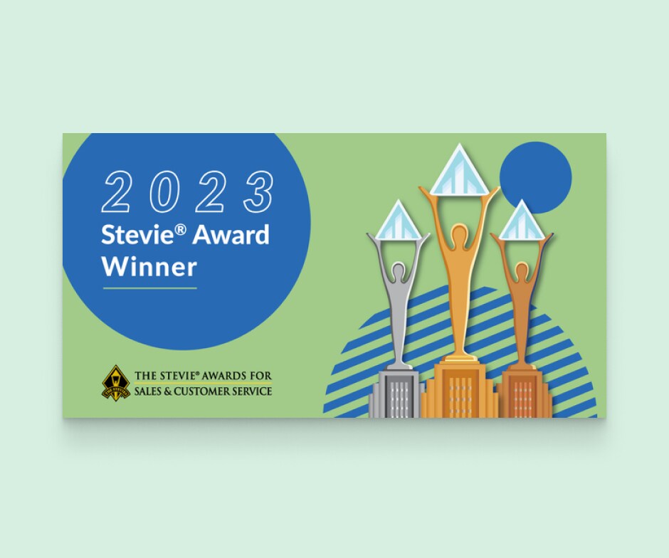 Grafica di 2023 Stevie Awards con 3 trofei animati