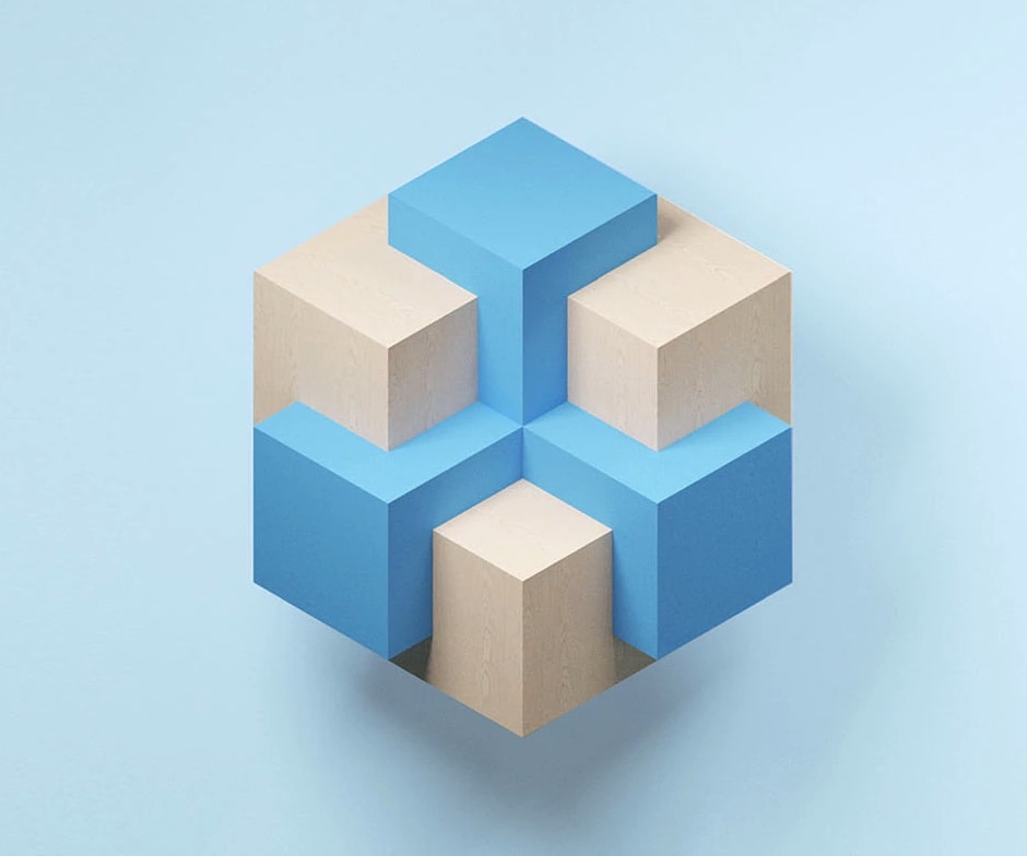 Cubes bleus et blancs&nbsp;3D disposés pour former un hexagone&nbsp;2D sur un fond bleu clair