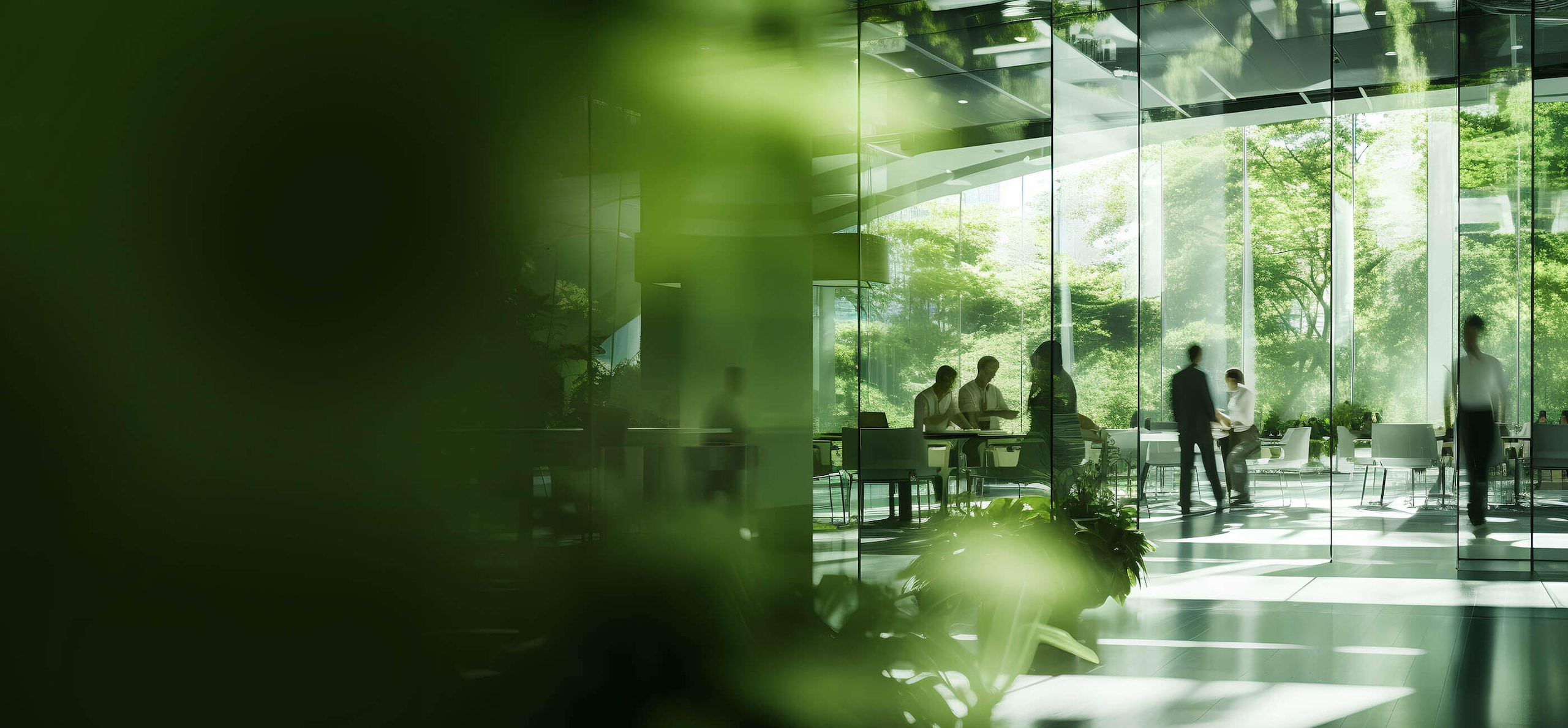 edificio de cristal con temática verde y personas vistas al otro lado del pasillo