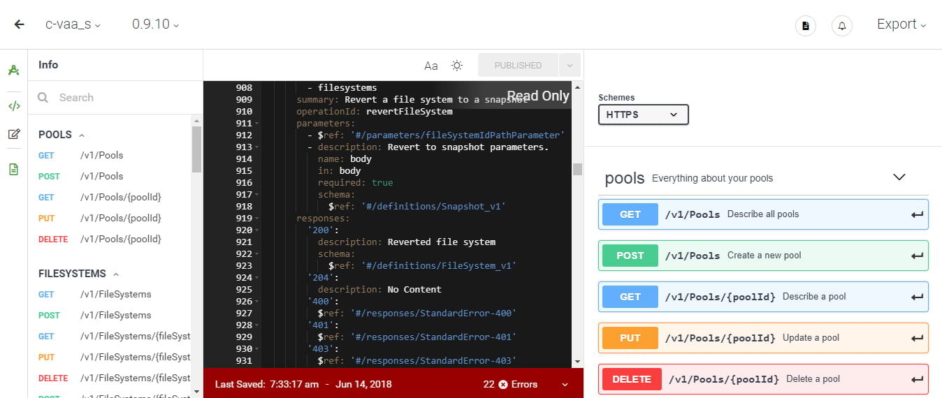 • You can access the Cloud Volumes as a Service API webpage, which is also accessible from your main Cloud Orchestrator UI.
