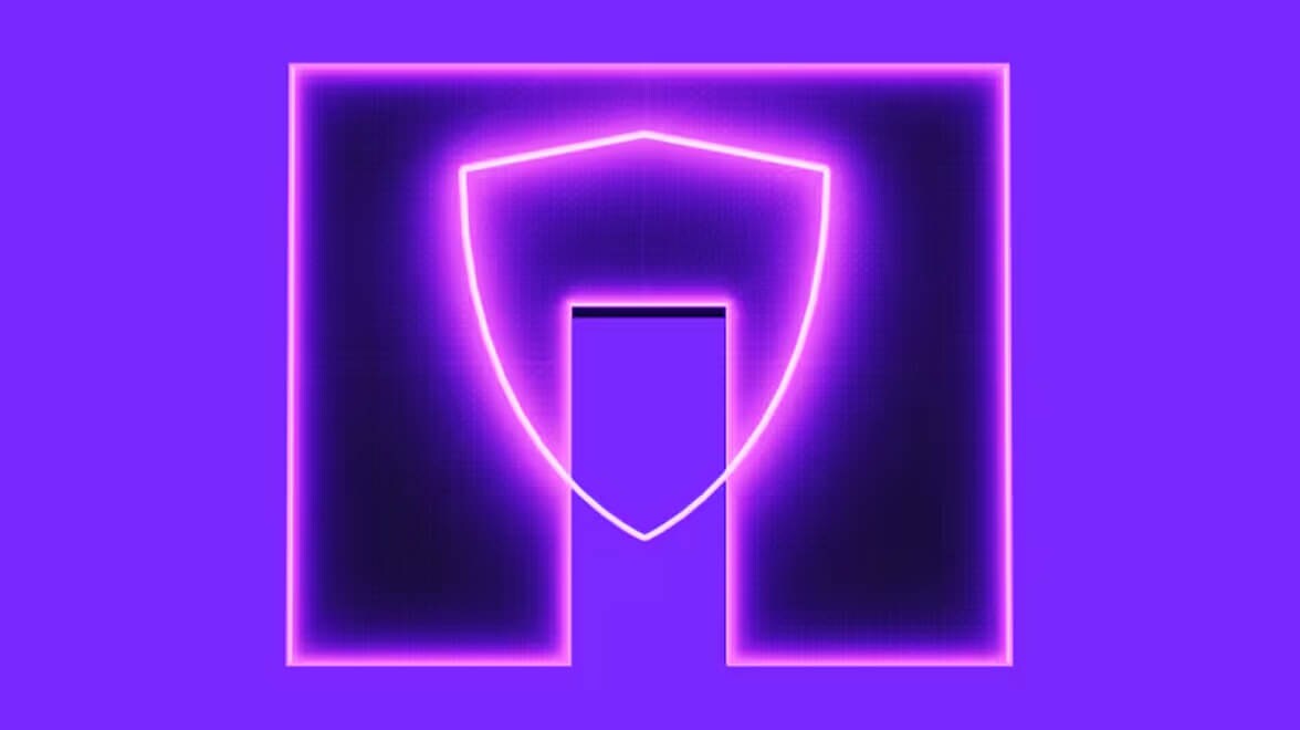 Colorful neon-lit digital shield graphic representing cybersecurity and data protection.