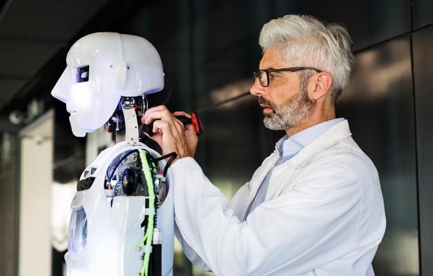 Scientist working on a robot