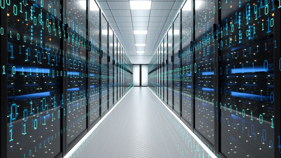 server room with zeros and ones lighting on the door