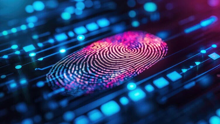 Colorful digital fingerprint illustration symbolizing identity verification and cybersecurity.