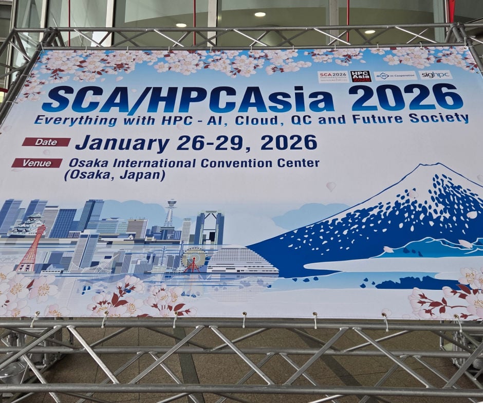 Large conference banner for SCA/HPC Asia 2026 with event details and illustrated Osaka skyline.