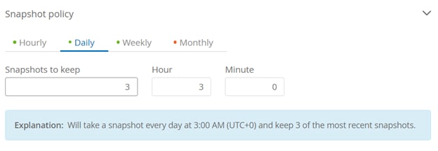 In this example, we set the policy to create a Snapshot copy every day at 3:00 a.m. and to keep the three most recent Snapshot copies.