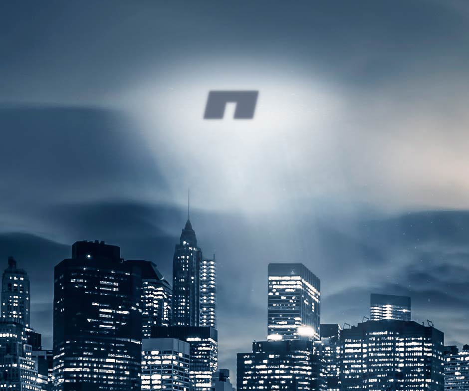 NetApp logo shining in the sky over a city