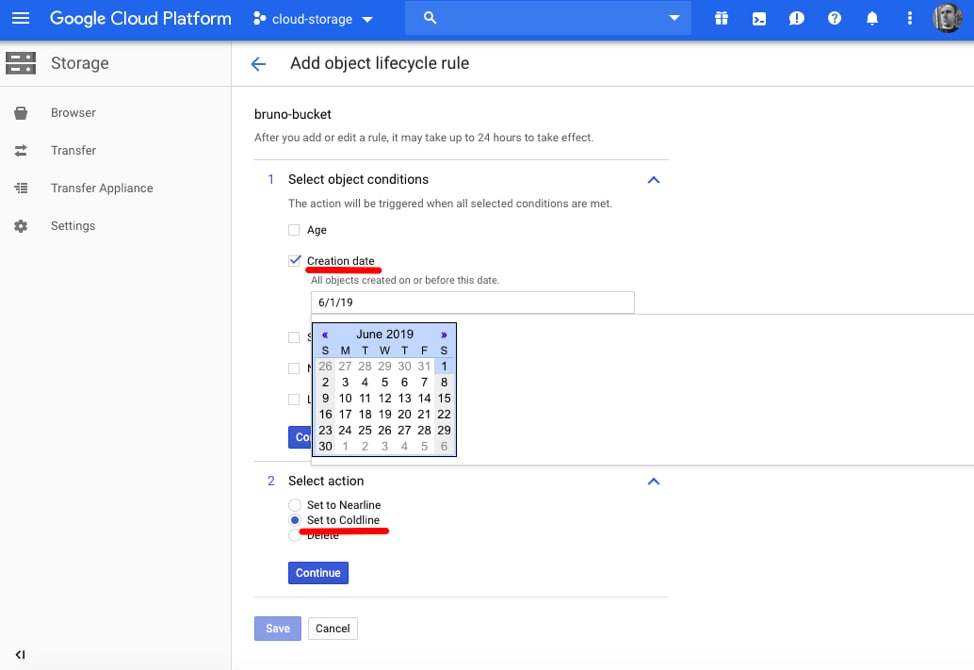 Setting the creation date for which all data will have its storage class changed.