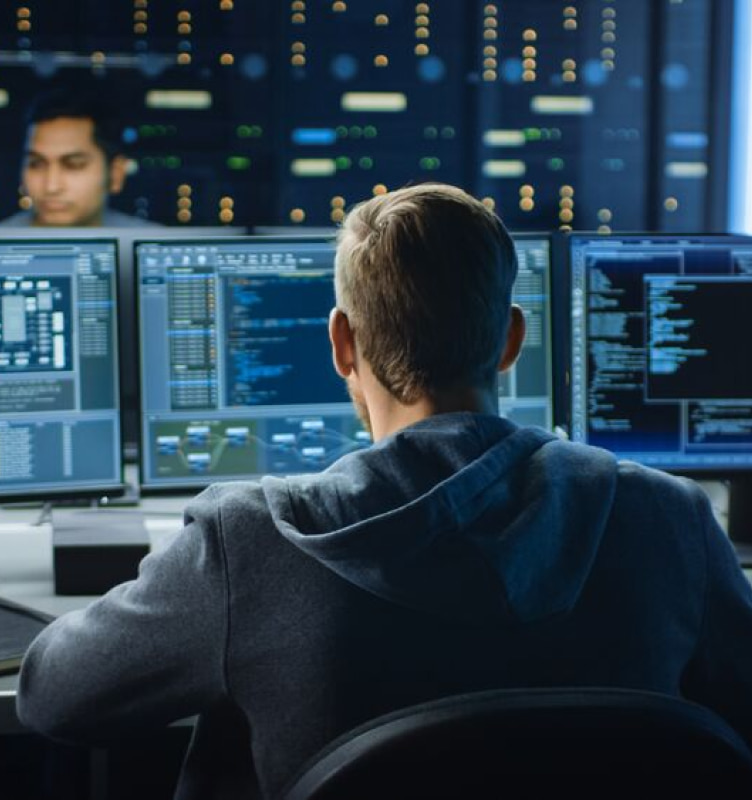 Man working at desk with three monitors