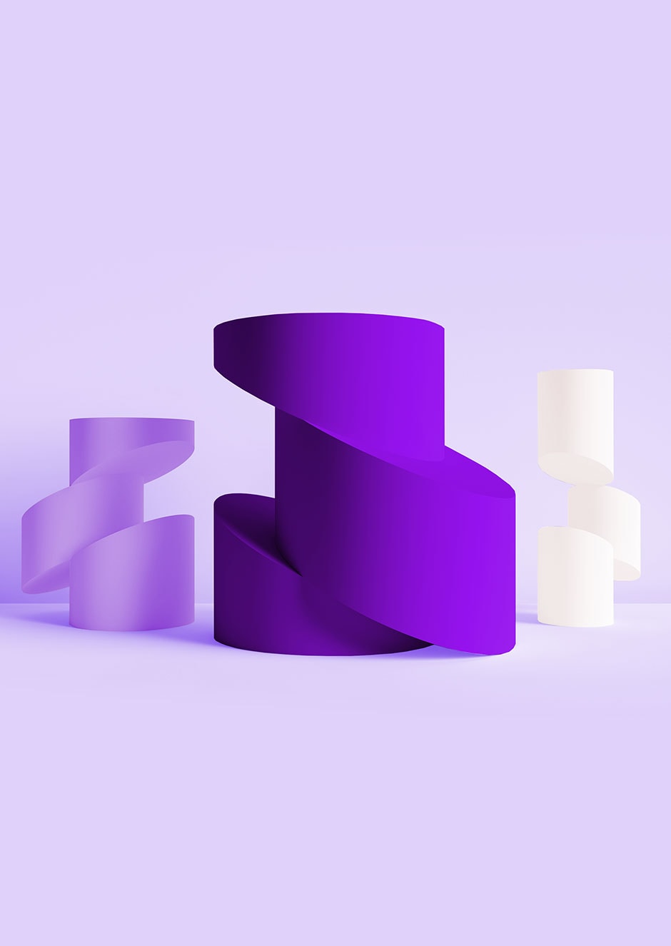 purple, white and dark purple abstract cylinders in front of light purple background