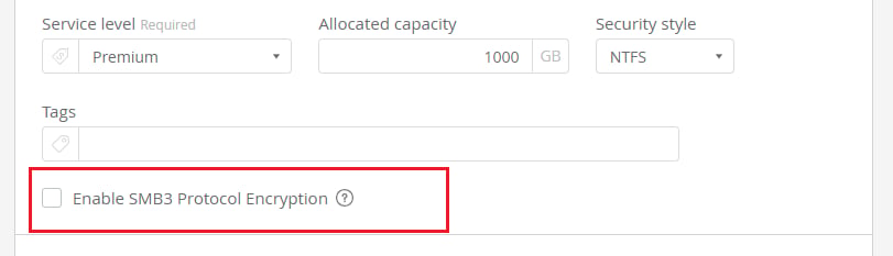SMB volumes allow you to select additional in-transit SMB3 protocol encryption.