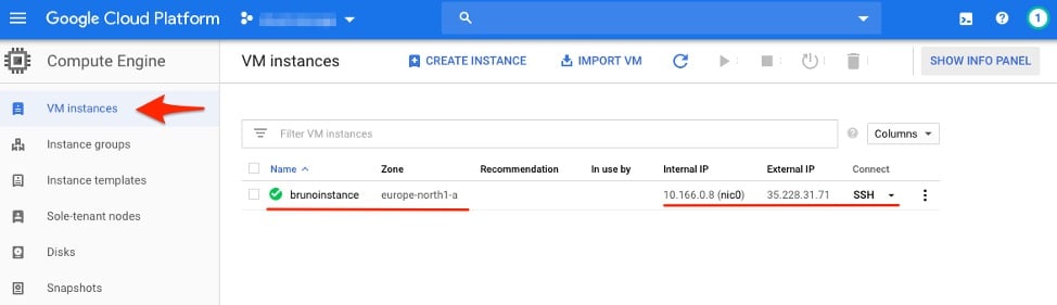 Compute Engine VM instance list