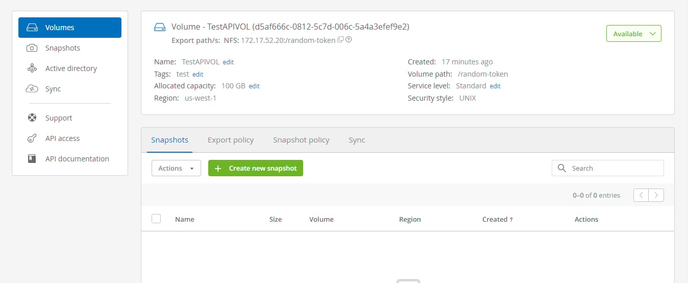 In this code, the parameter creationToken is the same as the Volume Path field in the Cloud Orchestrator web interface. The text or path you enter here will be part of your volume export path and is required for mounting the volume.