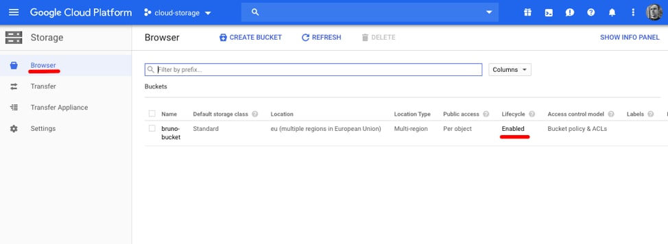 The bucket lifecycle management screen