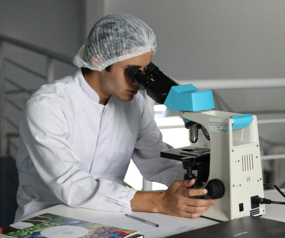 person in a lab looking in a microscope