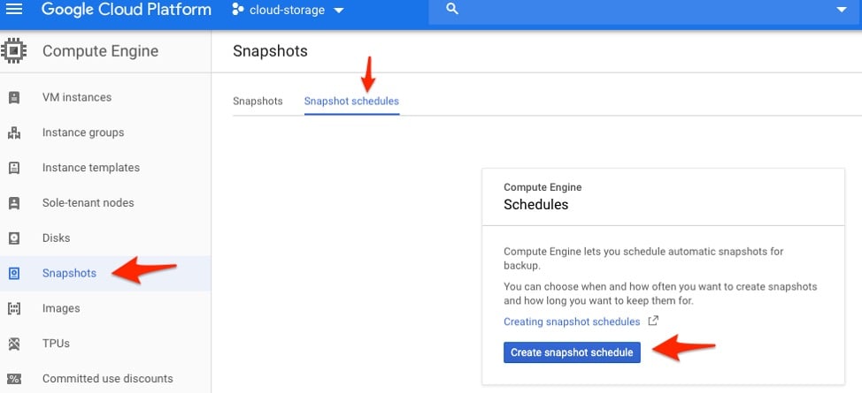 Snapshot schedules panel