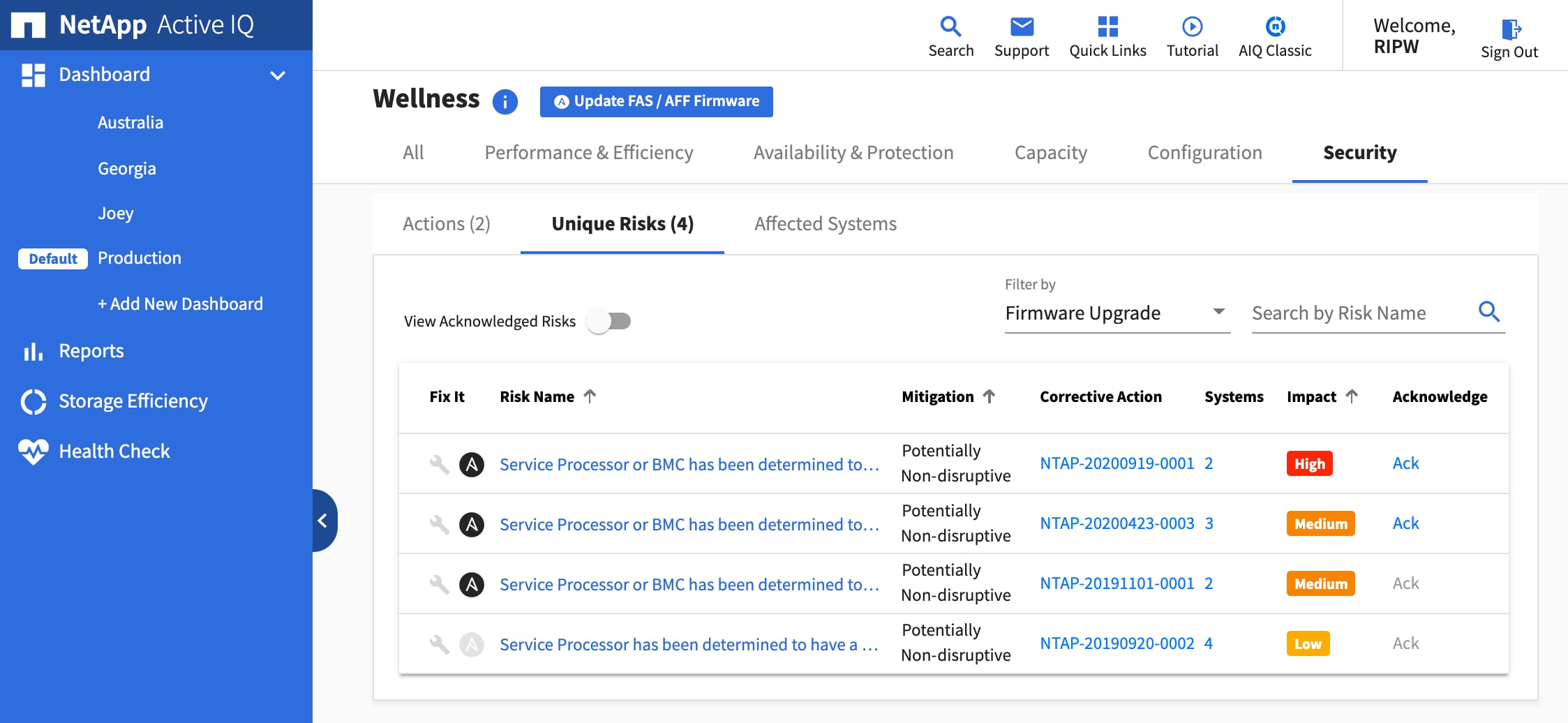 Active IQ Risk Dashboard